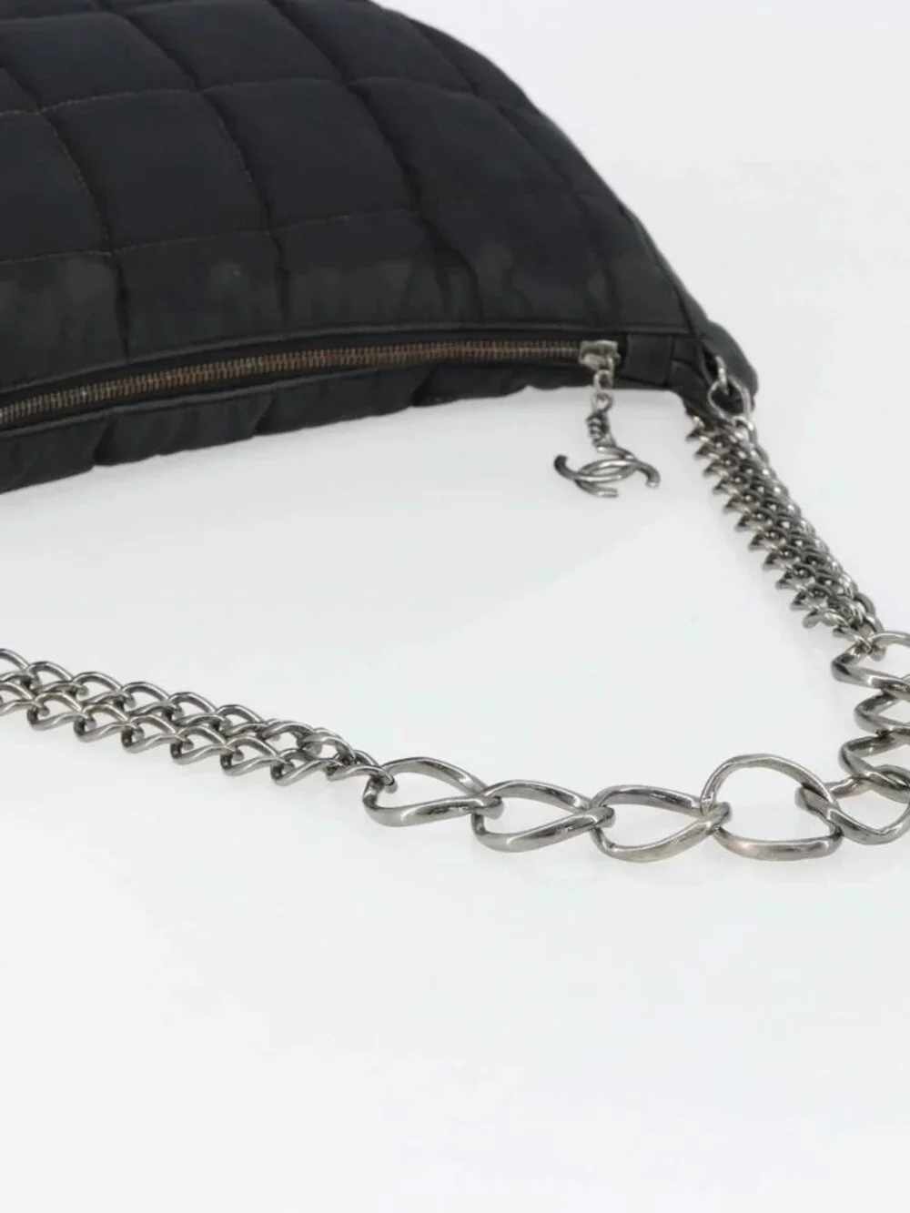 CHANEL Choco Bar Chain Shoulder Bag Nylon Black Silver CC Auth 118385